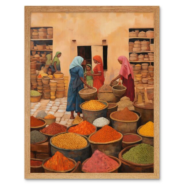 "Artery8 Wall Art Print Traditional Rural Indian Food Market Watercolour Artwork Spices Herbs Art Framed in Light Oak - Size: W12"" x H16""" - image 1