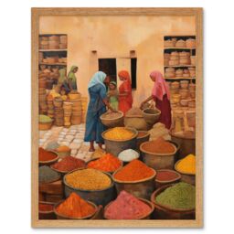 "Artery8 Wall Art Print Traditional Rural Indian Food Market Watercolour Artwork Spices Herbs Art Framed in Light Oak - Size: W12"" x H16""" - thumbnail 1