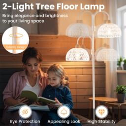Gymax 2-Light Tree Lamp Rotating Floor Lamp With Woven Lampshades Foot Switch in White - thumbnail 5