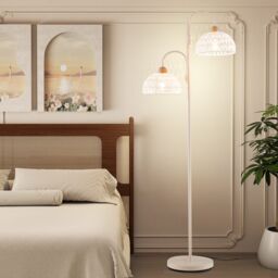 Gymax 2-Light Tree Lamp Rotating Floor Lamp With Woven Lampshades Foot Switch in White - thumbnail 2