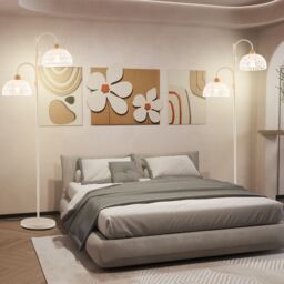 Gymax 2-Light Tree Lamp Rotating Floor Lamp With Woven Lampshades Foot Switch in White - thumbnail 6