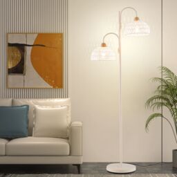 Gymax 2-Light Tree Lamp Rotating Floor Lamp With Woven Lampshades Foot Switch in White - thumbnail 3