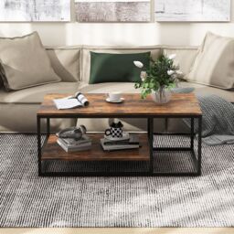 Costway 2-Tier Wooden Industrial Coffee Table 105cm Rectangle Center Table in Brown - thumbnail 7