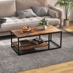 Costway 2-Tier Wooden Industrial Coffee Table 105cm Rectangle Center Table in Brown - thumbnail 6