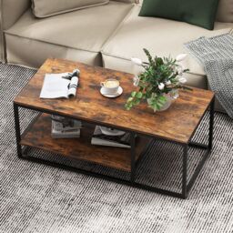 Costway 2-Tier Wooden Industrial Coffee Table 105cm Rectangle Center Table in Brown - thumbnail 8