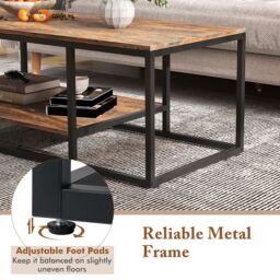 Costway 2-Tier Wooden Industrial Coffee Table 105cm Rectangle Center Table in Brown - thumbnail 4