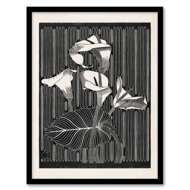 Artery8 Samuel J De Mesquita Framed Wall Art Stylised Calla Lily Flowers in Black - Size: A4 - image 1
