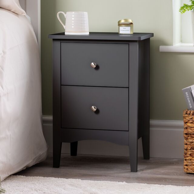 Christow Black Bedside Table 2 Drawer Slim Bedroom Nightstand Storage Cabinet Unit - image 1