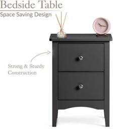 Christow Black Bedside Table 2 Drawer Slim Bedroom Nightstand Storage Cabinet Unit - thumbnail 3