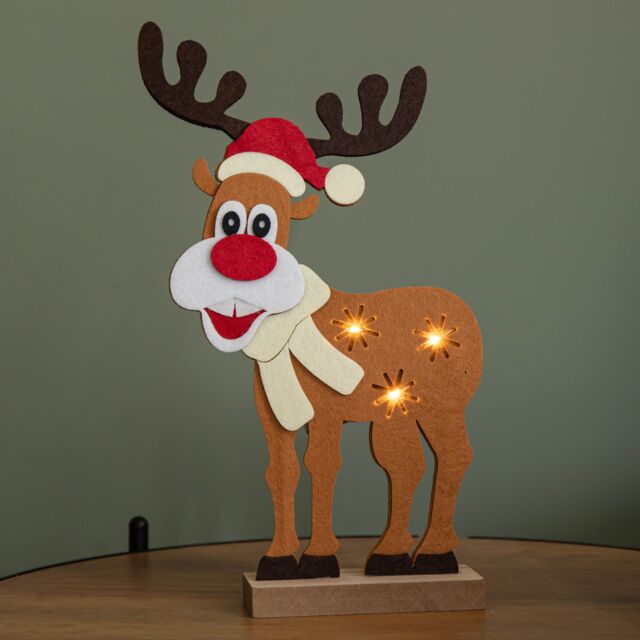 Samuel Alexander Premier 32cm Felt Reindeer with Santa Hat & 3 Warm White LED in Brown - image 1