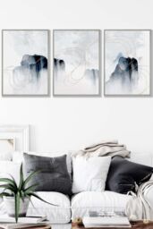 ARTZE Set of 3 Light Grey Framed Abstract Minimal Navy & White Cliffs Wall Art - Size: W33 cm x H45 cm x D20mm - thumbnail 1