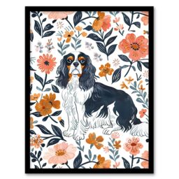 "Artery8 Cavalier King Charles Spaniel in Floral Pattern Framed Wall Art - Size: W12"" x H16""" - thumbnail 1