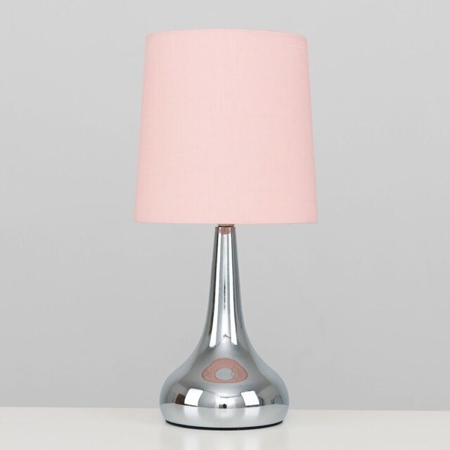 ValueLights Teardrop Pair Fabric Shades Brushed Chrome Touch Table Lamps & Bulbs in Baby Pink - image 1