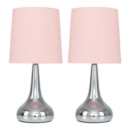 ValueLights Teardrop Pair Fabric Shades Brushed Chrome Touch Table Lamps & Bulbs in Baby Pink - thumbnail 2