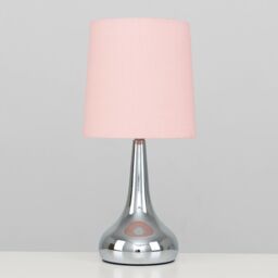 ValueLights Teardrop Pair Fabric Shades Brushed Chrome Touch Table Lamps & Bulbs in Baby Pink - thumbnail 1