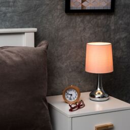 ValueLights Teardrop Pair Fabric Shades Brushed Chrome Touch Table Lamps & Bulbs in Baby Pink - thumbnail 3