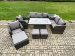 Fimous Wicker Rattan Outdoor Garden Furniture Sets Height Adjustable Rising lifting Dining Table Reclining Chair Sofa Set in Dark Grey - thumbnail 1