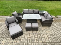 Fimous Wicker Rattan Outdoor Garden Furniture Sets Height Adjustable Rising lifting Dining Table Reclining Chair Sofa Set in Dark Grey - thumbnail 2