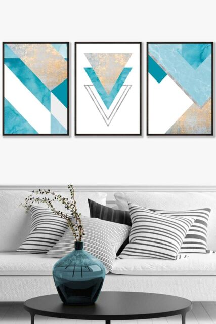 ARTZE Set of 3 Black Framed Aqua Blue Abstract Mid Century Geometric Wall Art - Size: W33 cm x H45 cm x D20mm - image 1