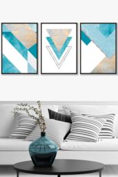 ARTZE Set of 3 Black Framed Aqua Blue Abstract Mid Century Geometric Wall Art - Size: W33 cm x H45 cm x D20mm - thumbnail 1