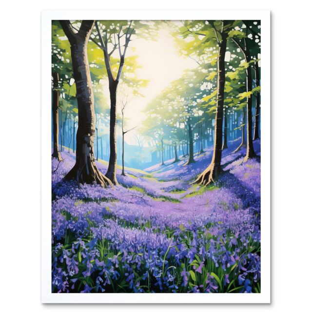 "Artery8 Wall Art Print Bluebell Forest Sunshine Vibrant Artwork Purple Blue Flowers Early Morning Serene Landscape Art Framed - Size: W12"" x H16""" - image 1