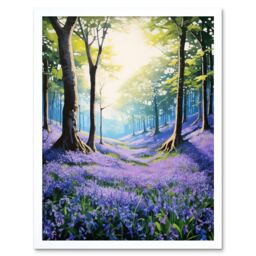 "Artery8 Wall Art Print Bluebell Forest Sunshine Vibrant Artwork Purple Blue Flowers Early Morning Serene Landscape Art Framed - Size: W12"" x H16""" - thumbnail 1