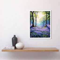 "Artery8 Wall Art Print Bluebell Forest Sunshine Vibrant Artwork Purple Blue Flowers Early Morning Serene Landscape Art Framed - Size: W12"" x H16""" - thumbnail 2