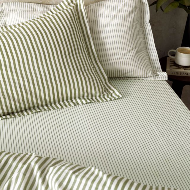 Yard Hebden Narrow Stripe 100% Cotton Fitted Sheet in Olive - Size: Double Fitted - image 1