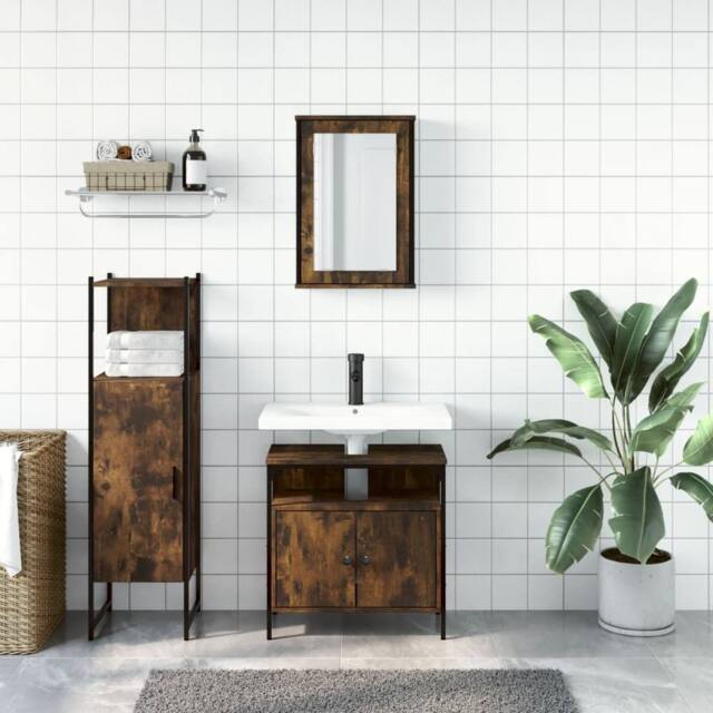 Berkfield Home Durable 3 Piece Bathroom Furniture Set Smoked Oak Engineered Wood in Brown - image 1