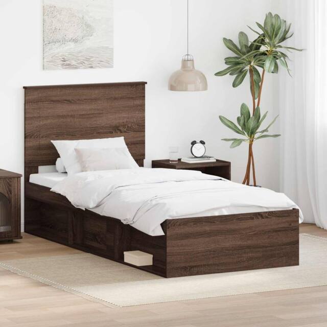Berkfield Home Bed Frame with Headboard Brown Oak 90 x 200 cm Solid Pine Wood - image 1