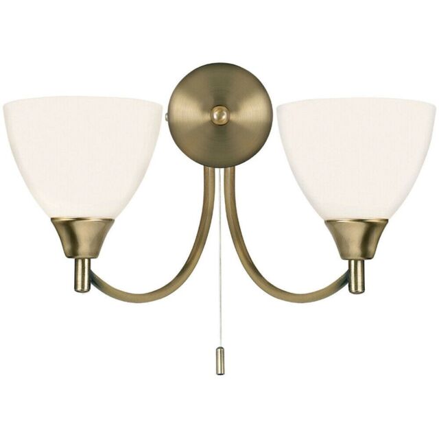 Loops Dimmable LED Twin Wall Light Antique Brass & Frosted Glass Curved Lamp Lighting in Clear - image 1