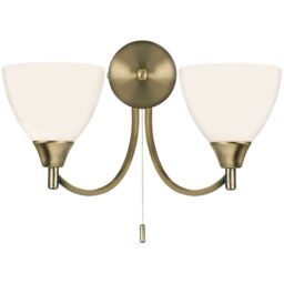 Loops Dimmable LED Twin Wall Light Antique Brass & Frosted Glass Curved Lamp Lighting in Clear