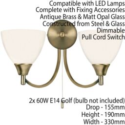 Loops Dimmable LED Twin Wall Light Antique Brass & Frosted Glass Curved Lamp Lighting in Clear - thumbnail 2