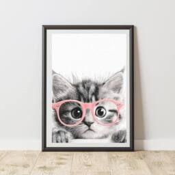 60 SECOND MAKEOVER Kitten Pink Glasses Print Poster Wall Art - Size: A4