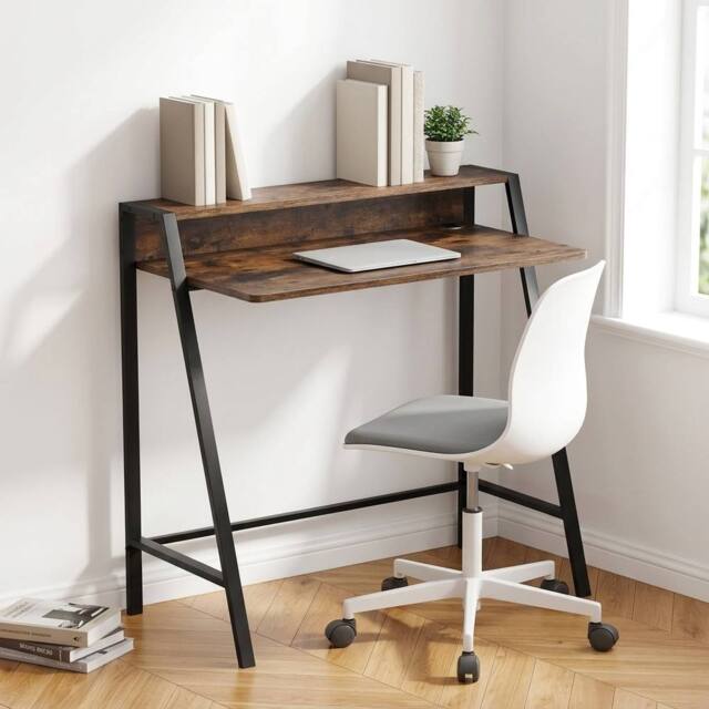 STILVORA Writing Desk with Shelf, Metal Frame, Brown - image 1