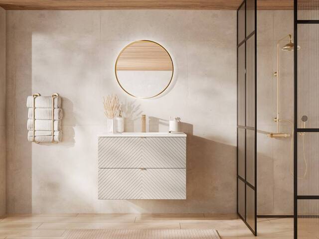 Vente-unique Suspended Chevron Bathroom Vanity Unit With Inset Basin - Beige - 80 - image 1