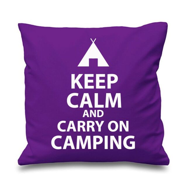 "60 SECOND MAKEOVER Purple Cushion Cover Keep Calm & Carry On Camping 16"" x 16"" Mum Friend Gift Decorative Cushion Home Camp - Size: 40 cm x 40 cm"