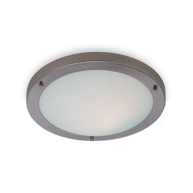 Netlighting Rondo 1 Light Flush Ceiling Light Brushed Steel Opal Glass IP54 E27 in White