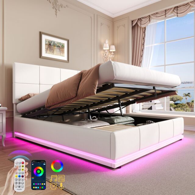 Matteo Cream White 4ft6 Double Ottoman Bed Frame with RGB LED Lighting, Faux Leather Upholstery & Hydraulic Storage - image 1