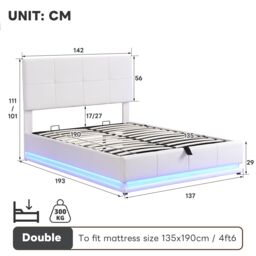Matteo Cream White 4ft6 Double Ottoman Bed Frame with RGB LED Lighting, Faux Leather Upholstery & Hydraulic Storage - thumbnail 8