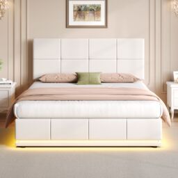 Matteo Cream White 4ft6 Double Ottoman Bed Frame with RGB LED Lighting, Faux Leather Upholstery & Hydraulic Storage - thumbnail 3