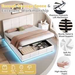Matteo Cream White 4ft6 Double Ottoman Bed Frame with RGB LED Lighting, Faux Leather Upholstery & Hydraulic Storage - thumbnail 7