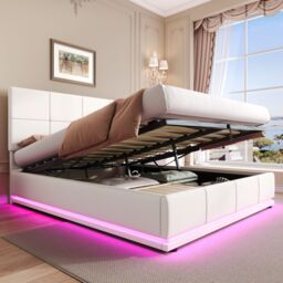 Matteo Cream White 4ft6 Double Ottoman Bed Frame with RGB LED Lighting, Faux Leather Upholstery & Hydraulic Storage - thumbnail 4