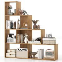 Costway 4-Tier Stepped Bookshelf Modern Ladder Bookcase w/6 Storage Cubes in Natural - image 1