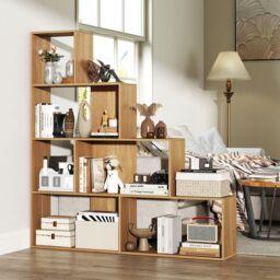 Costway 4-Tier Stepped Bookshelf Modern Ladder Bookcase w/6 Storage Cubes in Natural - thumbnail 7