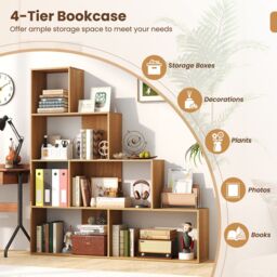 Costway 4-Tier Stepped Bookshelf Modern Ladder Bookcase w/6 Storage Cubes in Natural - thumbnail 8