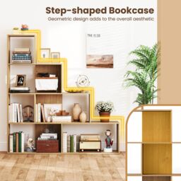 Costway 4-Tier Stepped Bookshelf Modern Ladder Bookcase w/6 Storage Cubes in Natural - thumbnail 9