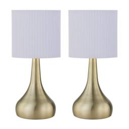 First Choice Lighting Set of 2 Romana - Antique Brass Touch Table Lamps White Pleated Shade in Bronze