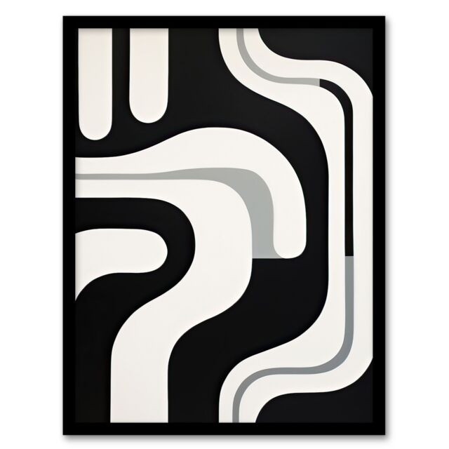 Artery8 Wall Art Print Minimalist Curves Shapes Abstract Black White Geometric Framed Art - Size: A4 - image 1