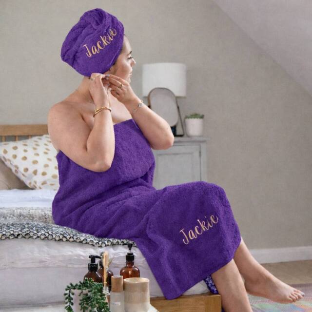Duncan Stewart Women's Personalised Towelling Sarong & Hair Turban Wrap Set in Purple - image 1